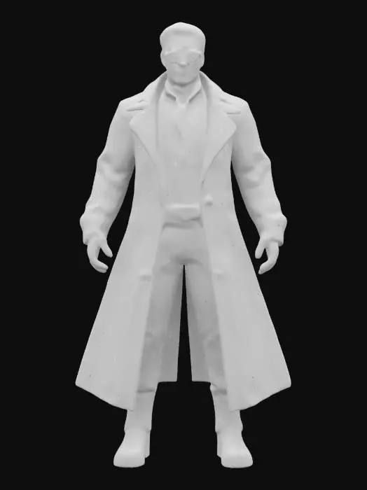 3D model for #game figure#, Design a highly realistic and detailed 3D model of Neo from 'The Matrix,' portrayed by Keanu Reeves. Depict him wearing his iconic long, black trench coat with clearly defined fabric folds and texture details, black sunglasses, and sleek combat boots. Pose Neo in a confident, action-ready stance, capturing his focused and intense facial expression. Emphasize realism, showcasing authentic textures of leather and fabric.