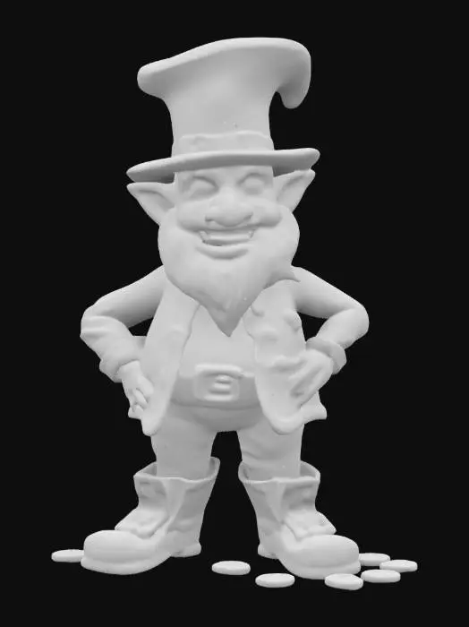 3D model for #game figure#, Design a charming, detailed 3D model of a cheerful Leprechaun for St. Patrick's Day. Give him a short stature, round belly, and expressive face with twinkling eyes, rosy cheeks, and a playful grin. Include his iconic bright-green jacket, trousers, buckled shoes, and large hat with gold buckle. Add detailed red beard, gold coins, and textures emphasizing fabric and leather realism, capturing an inviting, whimsical appearance.