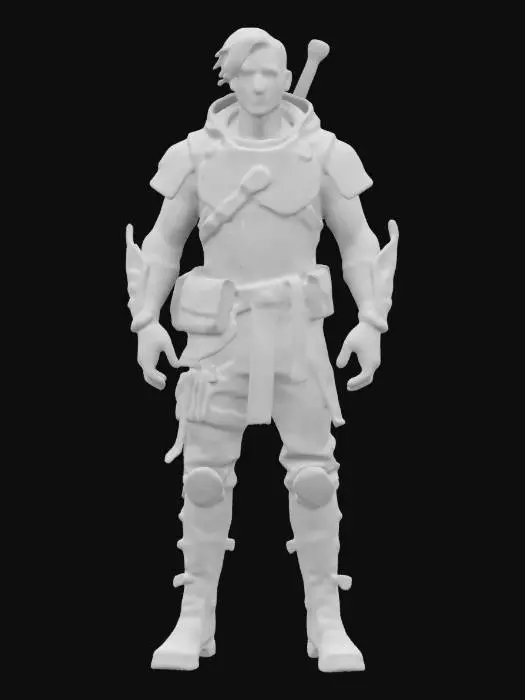 3D model for #game figure#, Create a loyal, detailed companion character blending Cyberpunk’s advanced tech enhancements, GTA 5’s modern urban style, The Witcher’s medieval charm, and God of War’s rugged aesthetic. Design a strong yet approachable physique, subtle cybernetic implants, leather streetwear with medieval armor elements, and Norse-inspired accessories. Pose confidently yet friendly, showcasing trustworthiness, skill, and camaraderie clearly suited as a companion.