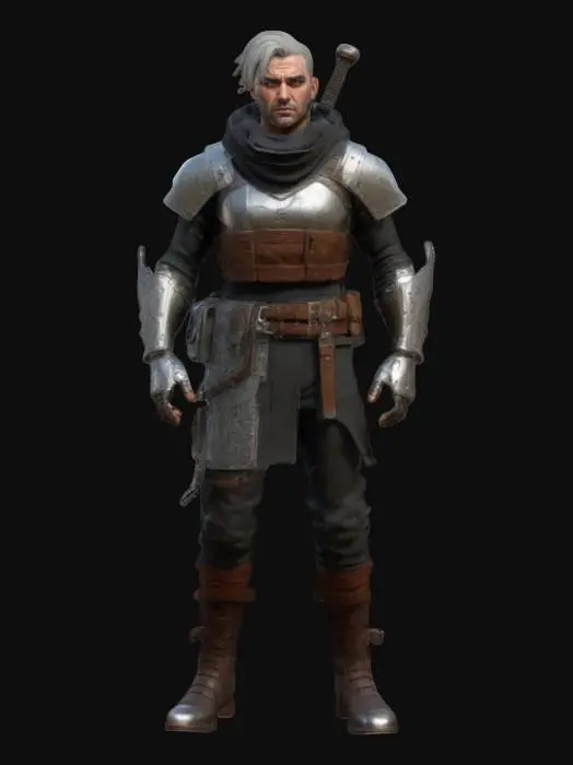 3D model for #game figure#, Create a loyal, detailed companion character blending Cyberpunk’s advanced tech enhancements, GTA 5’s modern urban style, The Witcher’s medieval charm, and God of War’s rugged aesthetic. Design a strong yet approachable physique, subtle cybernetic implants, leather streetwear with medieval armor elements, and Norse-inspired accessories. Pose confidently yet friendly, showcasing trustworthiness, skill, and camaraderie clearly suited as a companion.