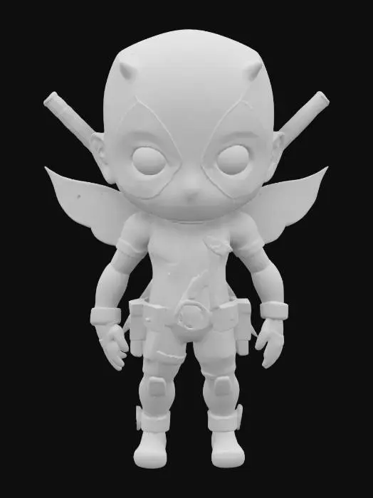 3D model for #fairy#, A stylized 3D model of a Deadpool Fairy, creatively blending Deadpool's iconic appearance with whimsical fairy features. Humanoid figure, slender build, playful pose; Deadpool's signature mask with expressive eyes, streamlined fantasy-style body armor, delicate fairy wings featuring edgy, humorous motifs, tactical belts, holsters, swords crossed on the back, and mischievous posture, capturing a humorous yet heroic vibe, ideal for lively and comedic game scenes
