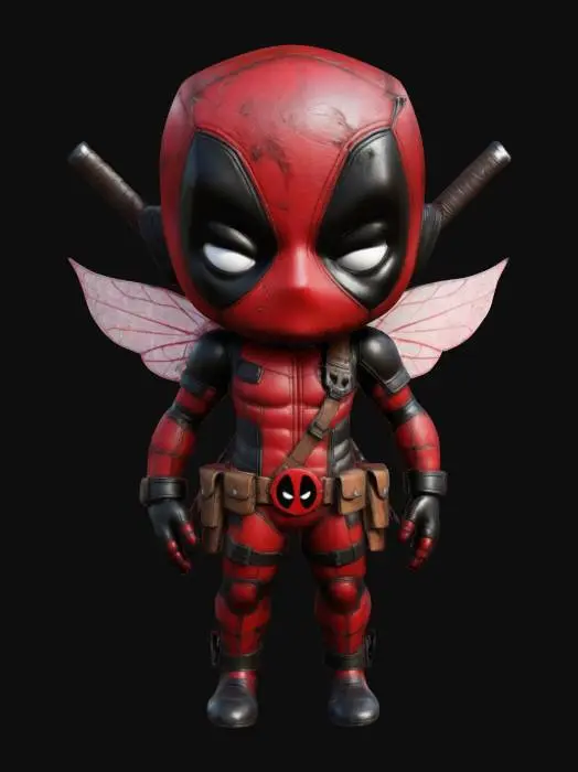 3D model for #fairy#, A stylized 3D model of a Deadpool Fairy, creatively blending Deadpool's iconic appearance with whimsical fairy features. Humanoid figure, slender build, playful pose; Deadpool's signature mask with expressive eyes, streamlined fantasy-style body armor, delicate fairy wings featuring edgy, humorous motifs, tactical belts, holsters, swords crossed on the back, and mischievous posture, capturing a humorous yet heroic vibe, ideal for lively and comedic game scenes