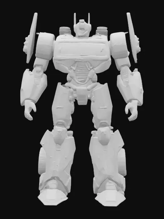 3D model for High-poly 3D model of a realistic Transformer robot based on a 1969 Dodge Charger muscle car. Bright orange panels form armored limbs, with wheels on shoulders and legs. The hood becomes the chest, grille forms the torso, and rear spoiler creates a back crest. Includes visible joints, gears, pistons, and plated details. Bold stance, heroic proportions, mechanical realism, and cinematic sci-fi style.