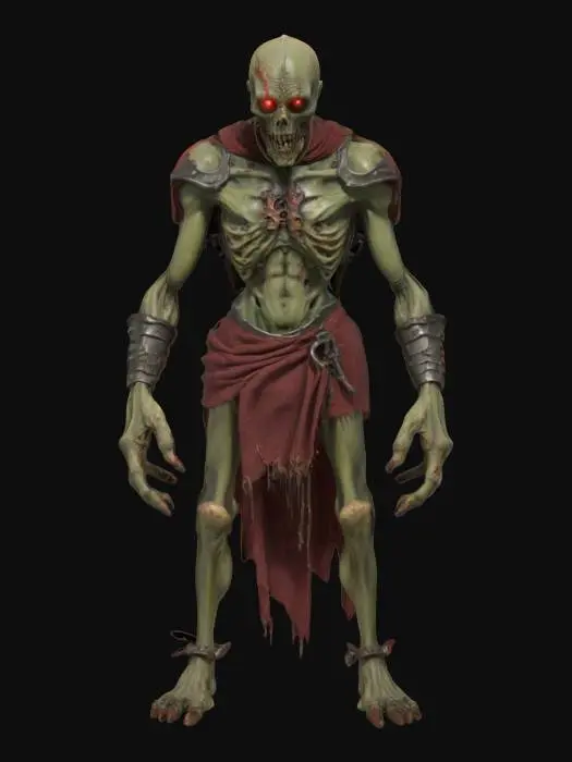 3D model for Undead zombie creature in the style of classic EverQuest — gaunt, decayed humanoid figure with rotting grayish-green flesh, exposed bones, torn medieval-style armor, glowing red eyes, and long dirty claws. Wears tattered cloth remnants and a rusted iron helm. Lean frame, hunched posture, slow but menacing stance. Styled with low-fantasy realism and gritty textures, ideal for a dark MMORPG world. Standing idle in a graveyard setting.