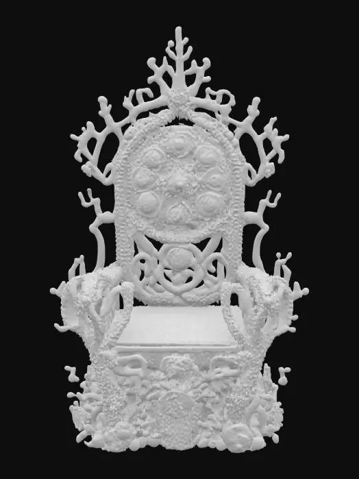 3D model for #ocean#, An ornate coral throne grown from pink and red reef branches, encrusted with pearls, starfish, and shells; spiraling organic shapes, large and imposing