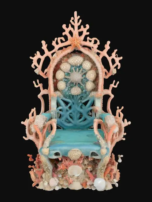 3D model for #ocean#, An ornate coral throne grown from pink and red reef branches, encrusted with pearls, starfish, and shells; spiraling organic shapes, large and imposing