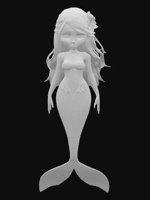 3D model for #ocean#, A breathtaking mermaid styled like a Pixar heroine with expressive eyes, soft stylized facial features, and a fluid, elegant silhouette. Her iridescent tail shimmers from aqua to violet, layered in semi-realistic overlapping scales with subtle seafoam gloss. She wears a coral-patterned top made of soft abalone shell and flowing sea-silk wraps that move gently with current. Her long hair drifts gracefully, adorned with pearls, kelp braids, and tiny glowing anemones. Her skin has a gentle, sun-kissed glow with subtle underwater lighting. She radiates charm, curiosity, and wonder — designed with a balance of stylized proportions and realistic texture work for high visual appeal