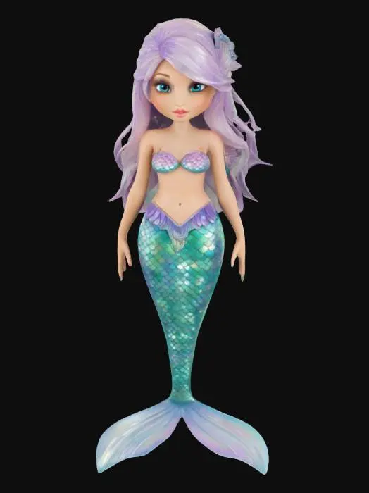 3D model for #ocean#, A breathtaking mermaid styled like a Pixar heroine with expressive eyes, soft stylized facial features, and a fluid, elegant silhouette. Her iridescent tail shimmers from aqua to violet, layered in semi-realistic overlapping scales with subtle seafoam gloss. She wears a coral-patterned top made of soft abalone shell and flowing sea-silk wraps that move gently with current. Her long hair drifts gracefully, adorned with pearls, kelp braids, and tiny glowing anemones. Her skin has a gentle, sun-kissed glow with subtle underwater lighting. She radiates charm, curiosity, and wonder — designed with a balance of stylized proportions and realistic texture work for high visual appeal