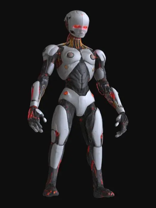 3D model for angry A.I. robot, detailed, neon wires
