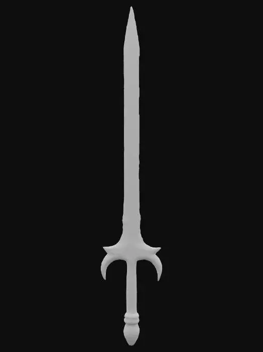 3D model for A legendary sword, exquisitely crafted from a rare, shimmering obsidian-like metal with an iridescent dark violet hue. Its impossibly sharp blade features a fine, almost invisible etched pattern that feels like smooth glass but is incredibly durable. The hilt is wrapped in supple, black dragon hide, offering a firm, textured grip, while the pommel is a polished, cool crystal orb that faintly glows with an inner light. Its elegant, slightly curved shape and balanced weight suggest immense power and ancient craftsmanship., #PBR#