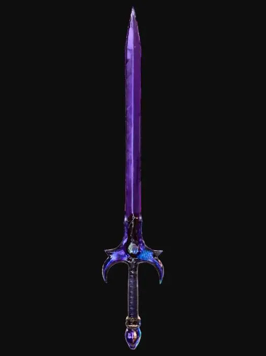 3D model for A legendary sword, exquisitely crafted from a rare, shimmering obsidian-like metal with an iridescent dark violet hue. Its impossibly sharp blade features a fine, almost invisible etched pattern that feels like smooth glass but is incredibly durable. The hilt is wrapped in supple, black dragon hide, offering a firm, textured grip, while the pommel is a polished, cool crystal orb that faintly glows with an inner light. Its elegant, slightly curved shape and balanced weight suggest immense power and ancient craftsmanship., #PBR#