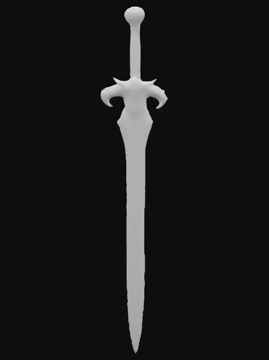 3D model for A legendary sword, exquisitely crafted from a rare, shimmering obsidian-like metal with an iridescent dark violet hue. Its impossibly sharp blade features a fine, almost invisible etched pattern that feels like smooth glass but is incredibly durable. The hilt is wrapped in supple, black dragon hide, offering a firm, textured grip, while the pommel is a polished, cool crystal orb that faintly glows with an inner light. Its elegant, slightly curved shape and balanced weight suggest immense power and ancient craftsmanship., #PBR#