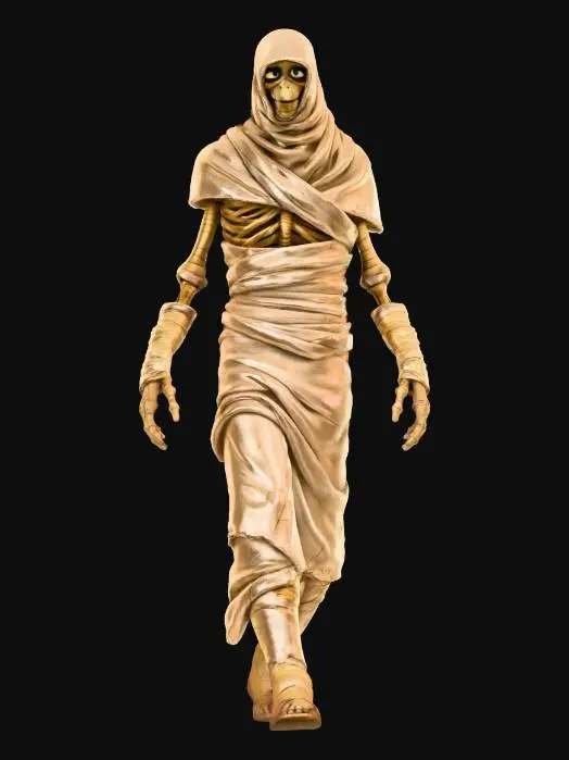 3D model for Pixar style mummy walking foreword with hands extend. his bandages are unwrapping as he walks. , #Halloween2025#