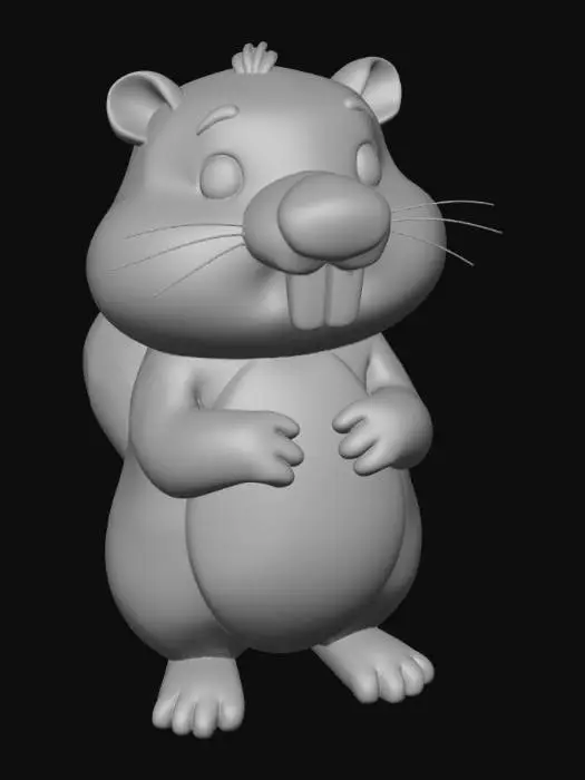 3D model for Cute cartoon beaver sploot pose, belly down with legs spread to the sides, head resting low, large rounded cheeks, small ears, big front teeth, short paws, wide flat paddle tail straight back, symmetrical centered pose, chibi proportions, smooth rounded surfaces, clay render style, 3D print friendly, thick limbs, no thin parts, watertight mesh, clean topology, neutral material