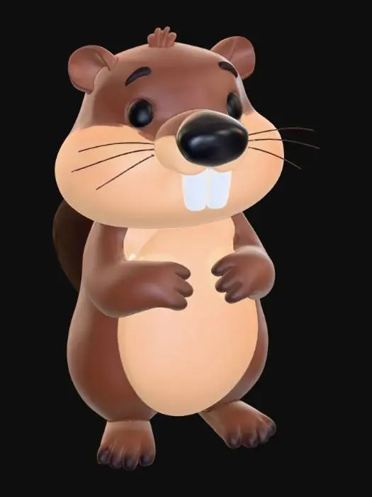3D model for Cute cartoon beaver sploot pose, belly down with legs spread to the sides, head resting low, large rounded cheeks, small ears, big front teeth, short paws, wide flat paddle tail straight back, symmetrical centered pose, chibi proportions, smooth rounded surfaces, clay render style, 3D print friendly, thick limbs, no thin parts, watertight mesh, clean topology, neutral material