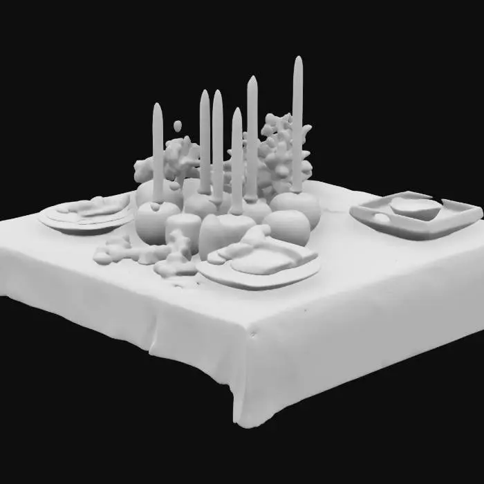 3D model for #ChristmasAdventure#, A beautifully decorated Christmas kitchen table, viewed in 4K realistic detail. The table features a red and gold table runner, with a centerpiece of pine branches, holly, and glowing candles. There are plates set with gold-edged dinnerware, festive napkins, and polished silverware. A wooden tray holds a steaming mug of hot cocoa, cookies, and a bowl of ornaments. Scattered pinecones, candy canes, and mini fairy lights complete the scene, creating a warm holiday display.