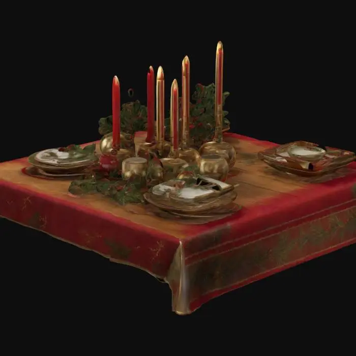 3D model for #ChristmasAdventure#, A beautifully decorated Christmas kitchen table, viewed in 4K realistic detail. The table features a red and gold table runner, with a centerpiece of pine branches, holly, and glowing candles. There are plates set with gold-edged dinnerware, festive napkins, and polished silverware. A wooden tray holds a steaming mug of hot cocoa, cookies, and a bowl of ornaments. Scattered pinecones, candy canes, and mini fairy lights complete the scene, creating a warm holiday display.