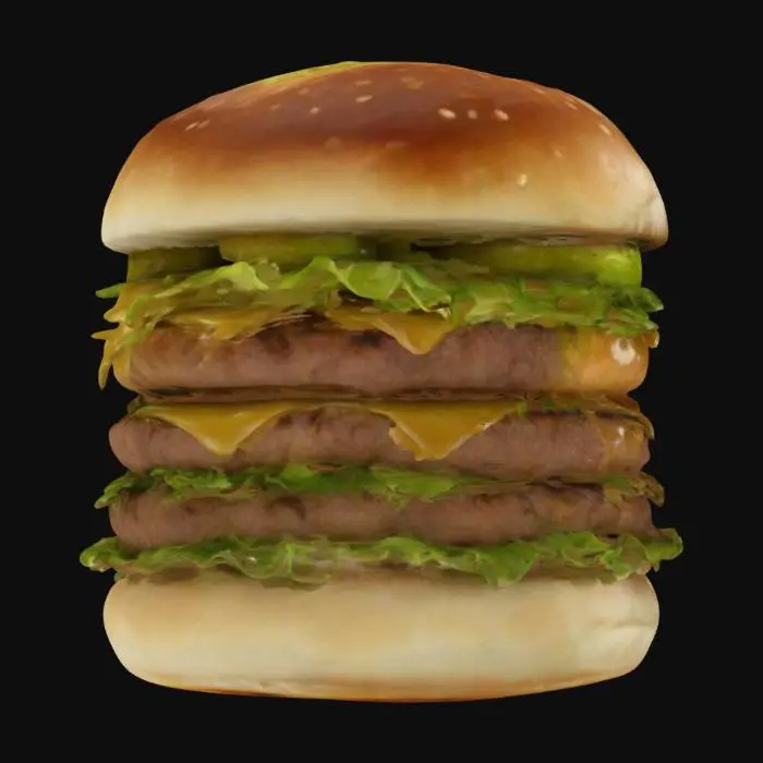3D model for "Generate a realistic, towering Big Mac with three buns, two thick beef patties, crisp lettuce, sliced pickles, onions, and a signature sauce layer. Maintain proper scale and proportions, ensuring each bun has slight curvature and light toasting. Showcase distinct layers that slightly compress where the patties and sauce meet."

