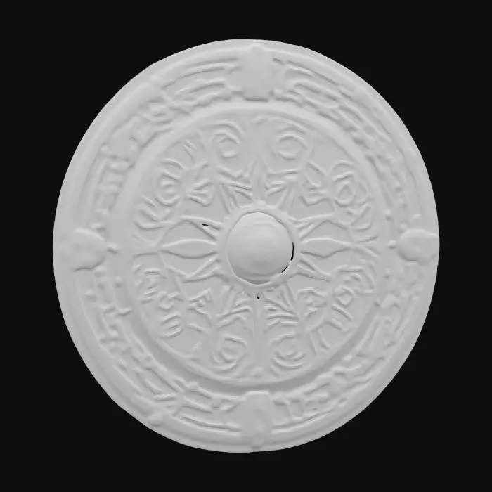 3D model for #ChronoForgeWeapon#, Design a large circular shield inspired by the geometry of a mandala, assembled from prehistoric stone segments carved in swirling patterns. Line the outer ring with medieval steel, incorporating filigree and small, gem-like ornaments. In the center, place a pulsating futuristic core that hovers just above the stone surface, bound by slender energy tethers or arcs.