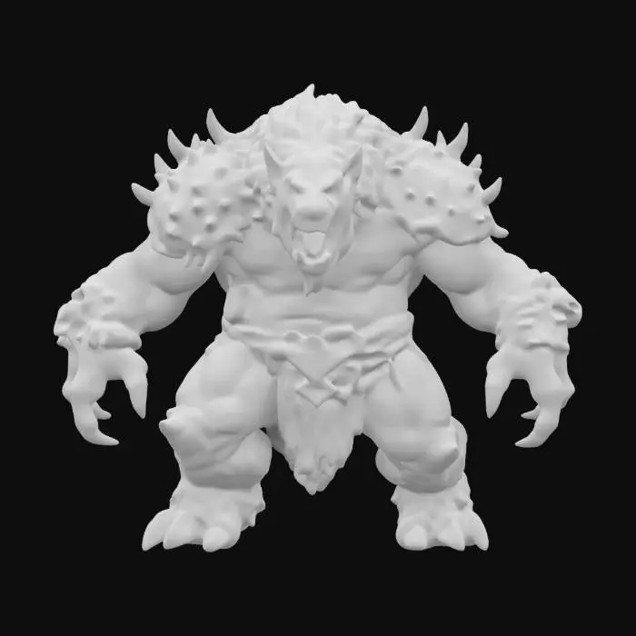 3D model for Design a fierce, beastly companion for a barbarian warrior. The creature should be massive, with a muscular, primal build covered in thick fur or armored scales. Its face should have sharp fangs, glowing eyes, and spiked ridges along its back. Large claws and a powerful stance make it appear battle-ready. Texture the fur or scales rugged and scarred, claws chipped from combat, and tribal markings glowing faintly along its body, showing its deep connection to its master., #ChronoForgeWeapon#