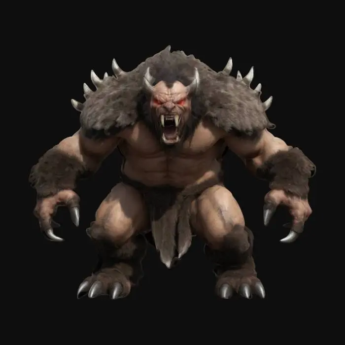 3D model for Design a fierce, beastly companion for a barbarian warrior. The creature should be massive, with a muscular, primal build covered in thick fur or armored scales. Its face should have sharp fangs, glowing eyes, and spiked ridges along its back. Large claws and a powerful stance make it appear battle-ready. Texture the fur or scales rugged and scarred, claws chipped from combat, and tribal markings glowing faintly along its body, showing its deep connection to its master., #ChronoForgeWeapon#