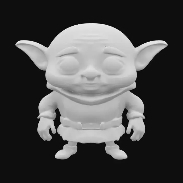 3D model for Design a whimsical chibi Igor from The Hunchback of Notre Dame with a short, rounded body, large, endearing eyes, and an exaggerated hunch. He wears tattered medieval clothes in earthy tones and carries a shy, sweet expression. Keep proportions small but expressive, emphasizing a big head, plump cheeks, and stubby limbs. Texture his outfit with subtle tears and worn fabric. Give him a pale complexion and bright, cartoonish eyes, ensuring a playful, lovable look despite his hunched form.