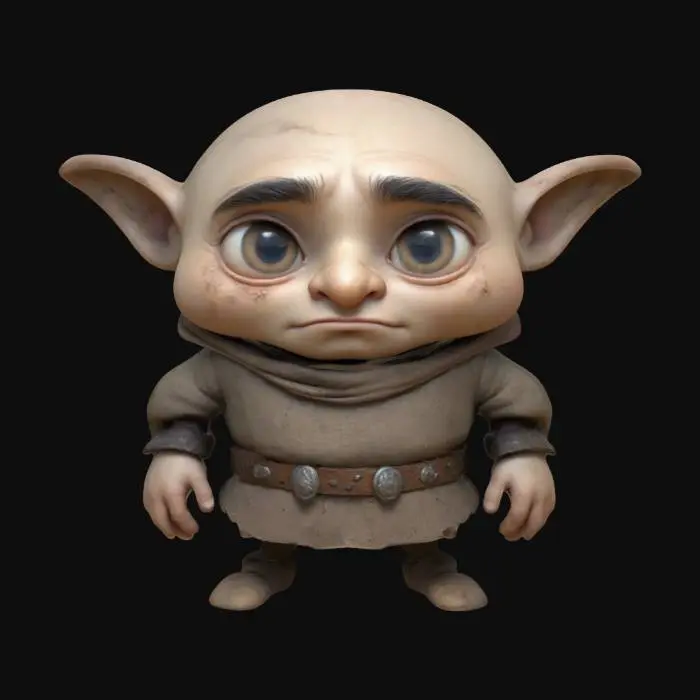 3D model for Design a whimsical chibi Igor from The Hunchback of Notre Dame with a short, rounded body, large, endearing eyes, and an exaggerated hunch. He wears tattered medieval clothes in earthy tones and carries a shy, sweet expression. Keep proportions small but expressive, emphasizing a big head, plump cheeks, and stubby limbs. Texture his outfit with subtle tears and worn fabric. Give him a pale complexion and bright, cartoonish eyes, ensuring a playful, lovable look despite his hunched form.