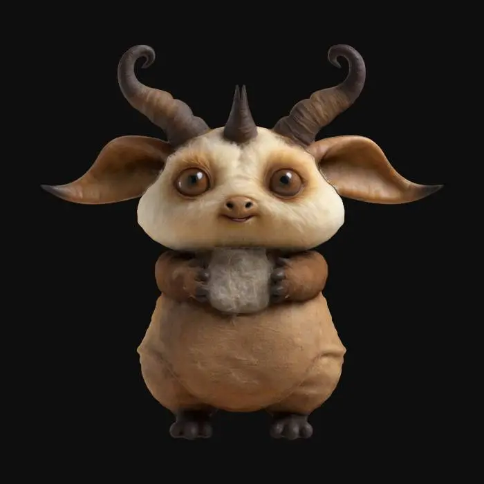 3D model for Design a small, plump creature standing upright with a bright, friendly expression, holding a tiny toll pouch in its paw. It has big, curious eyes, petite horns, tufted ears, and a stubby tail wagging slightly. The rounded body conveys warmth, as if politely asking travelers for payment. Emphasize an approachable stance showing kindness, confidence, and eagerness. Add subtle fur patterns on its belly, gentle wrinkles around its eyes, and small clawed feet for balance.