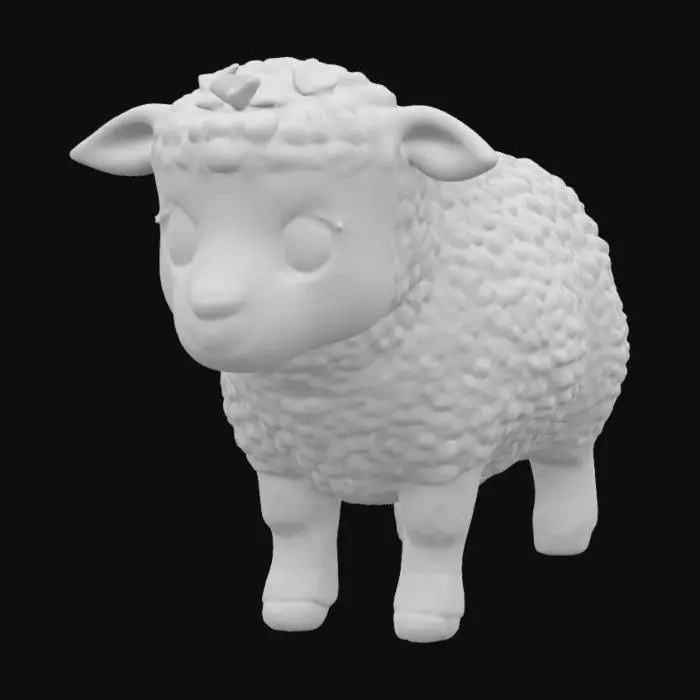 3D model for #garden#, Cartoon-style 3D model of a cute, happy spring lamb with a chubby body, short legs, big sparkling eyes, and a fluffy wool texture. The lamb is in a playful pose with a cheerful smile, soft rounded features, and oversized ears. Add a small spring flower behind one ear for charm. Stylized for a whimsical, friendly environment, ideal for animation or idle games.