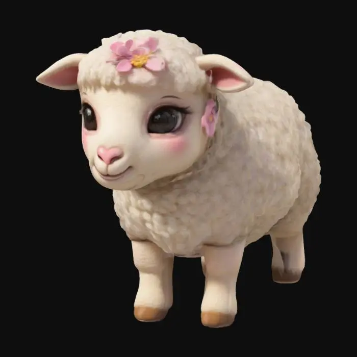 3D model for #garden#, Cartoon-style 3D model of a cute, happy spring lamb with a chubby body, short legs, big sparkling eyes, and a fluffy wool texture. The lamb is in a playful pose with a cheerful smile, soft rounded features, and oversized ears. Add a small spring flower behind one ear for charm. Stylized for a whimsical, friendly environment, ideal for animation or idle games.