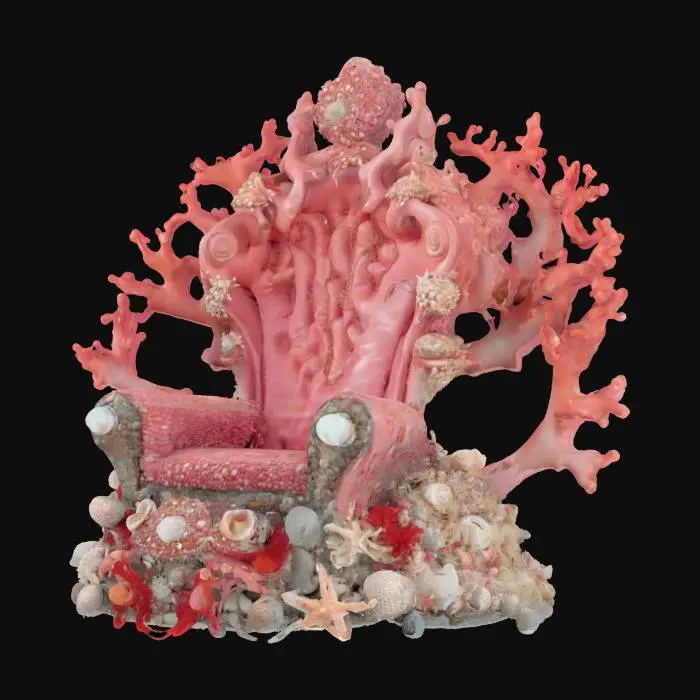 3D model for #ocean#, An ornate coral throne grown from pink and red reef branches, encrusted with pearls, starfish, and shells; spiraling organic shapes, large and imposing