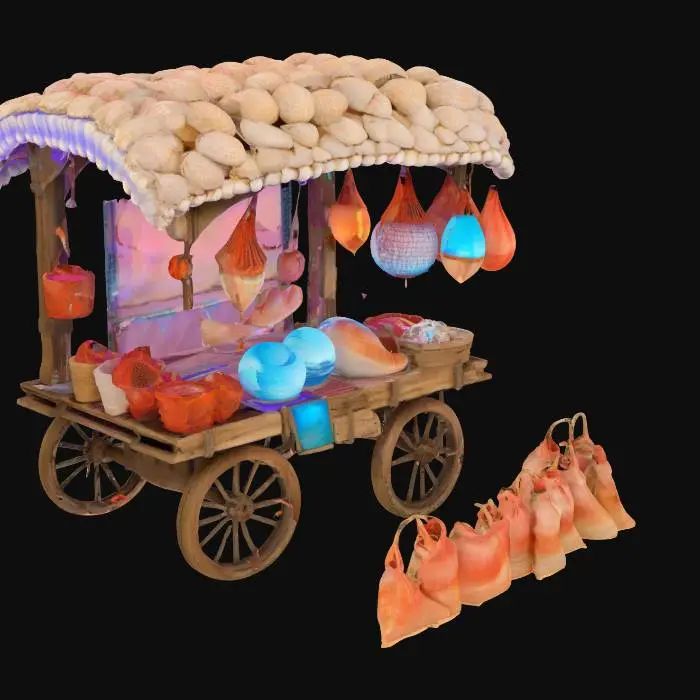 3D model for #ocean#, A bulky, wheeled trading cart shaped from a giant conch shell, with shelves built into its spiral. Wooden planks form a lean-to roof, and nets full of glowing sea orbs hang from hooks. Coral crates and fish-shaped bags are stacked high. 
