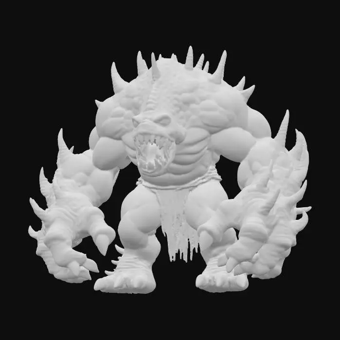 3D model for A colossal, Warcraft-style boss monster, its hulking form covered in gnarled, dark green scales that feel like hardened, overlapping plates, interspersed with rough, calloused grey skin. Jagged bone spikes, sharp and cool to the touch, protrude from its shoulders and spine. Its massive, muscular limbs end in enormous, clawed hands and feet, dragging on the ground. A grotesque maw, lined with rows of sharp, yellowed fangs, reveals a drooling, slimy interior. Its menacing, low-slung posture exudes immense, brutish power.