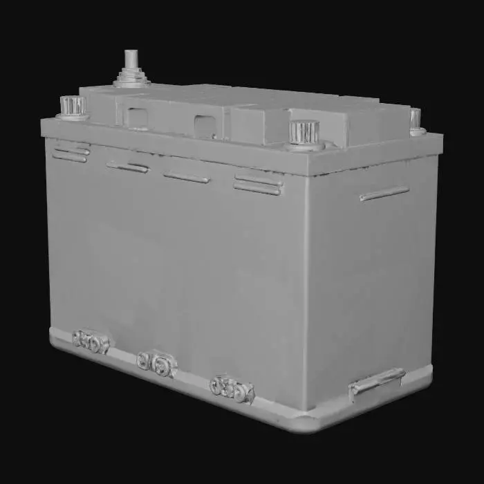 3D model for Truck battery - high fidelity, showing battery terminals and plugs. The top of the battery should be black, the body should be white with a space for labelling and the terminals on top should be black and red for positive and negative