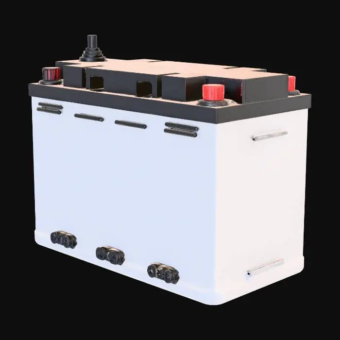 3D model for Truck battery - high fidelity, showing battery terminals and plugs. The top of the battery should be black, the body should be white with a space for labelling and the terminals on top should be black and red for positive and negative