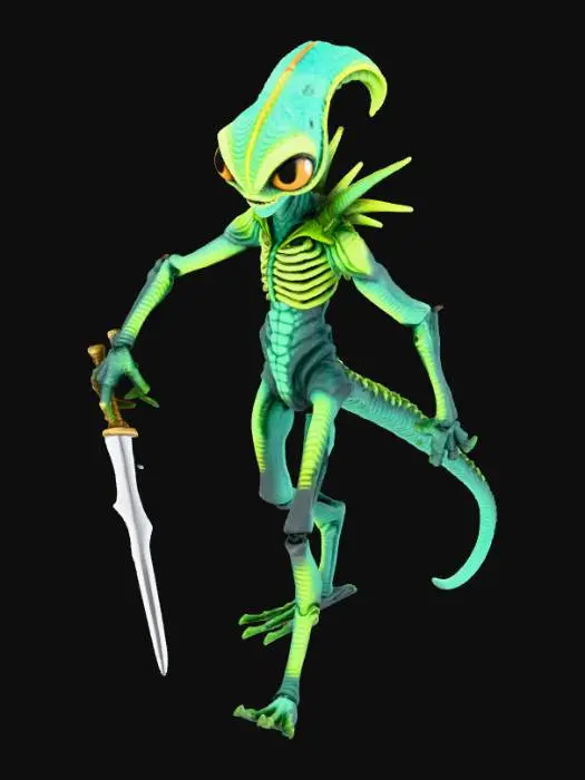 3D model for un alien bipède avec une épée dans sa main droite