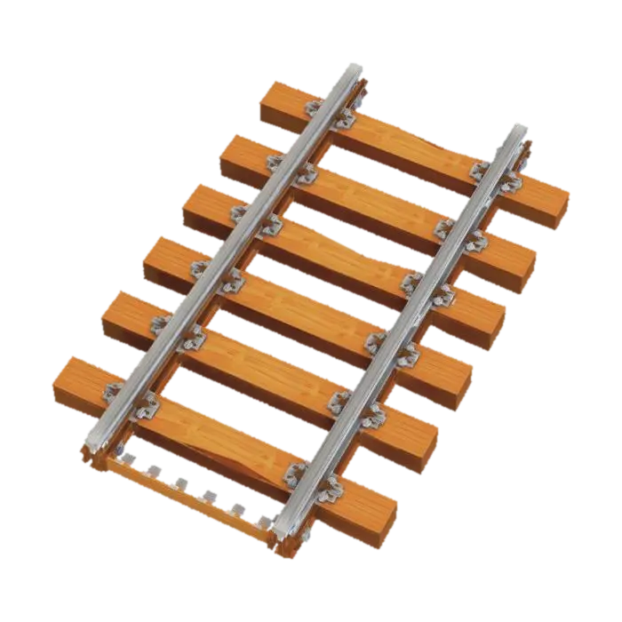 Low poly stylized train track segment, straight, modular, wooden sleepers, grey steel… 3D model, vytvořený pomocí AI
