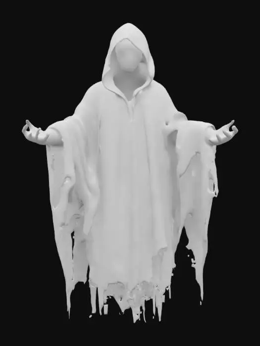 3D model for The object is a ghostly figure with a hooded, tattered robe and outstretched hands, featuring an eerie face and a rough, spectral texture, The fantastic ghost is enraged, the body is floating in the air, the torn robe is fluttering on his body, his arms are outstretched, the detailed scary ghost face, evil black eyes with luminous pupils, extremely detailed high-resolution texture, epic pose, 