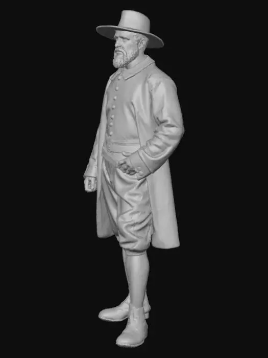 3D model for A highly realistic 17th-century Pilgrim man standing outdoors. Accurate period-appropriate clothing: black wool doublet with metal buttons, white linen collar, wide-brim black felt hat with a brass buckle, dark wool breeches, leather belt with a square brass buckle, thick wool stockings, and worn brown leather shoes. Weathered but clean appearance. Natural skin texture, realistic hair, and historically accurate facial hair. Lit by soft natural daylight with sharp detail in fabric fibers, stitching, leather grain, and metal reflections. Neutral expression, standing in a calm pose. Photorealistic, ultra-sharp, high dynamic range, 8K realism., #Thanksgiving#