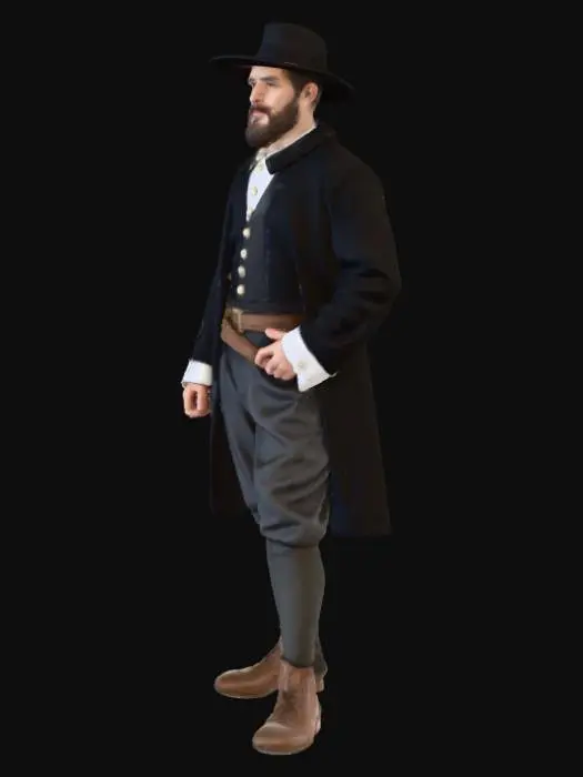 3D model for A highly realistic 17th-century Pilgrim man standing outdoors. Accurate period-appropriate clothing: black wool doublet with metal buttons, white linen collar, wide-brim black felt hat with a brass buckle, dark wool breeches, leather belt with a square brass buckle, thick wool stockings, and worn brown leather shoes. Weathered but clean appearance. Natural skin texture, realistic hair, and historically accurate facial hair. Lit by soft natural daylight with sharp detail in fabric fibers, stitching, leather grain, and metal reflections. Neutral expression, standing in a calm pose. Photorealistic, ultra-sharp, high dynamic range, 8K realism., #Thanksgiving#