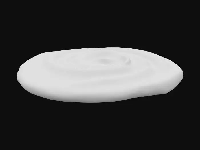 3D model for A glossy, viscous spread of vibrant, deep red ketchup, artfully applied to a curved surface as if on a burger bun. The consistency appears thick and smooth, with subtle, organic undulations and a slightly irregular, scalloped edge where the spread concludes. Its surface gleams with a wet, sticky sheen, suggesting a dense, yielding texture that would adhere firmly. The uniform color is rich and opaque.