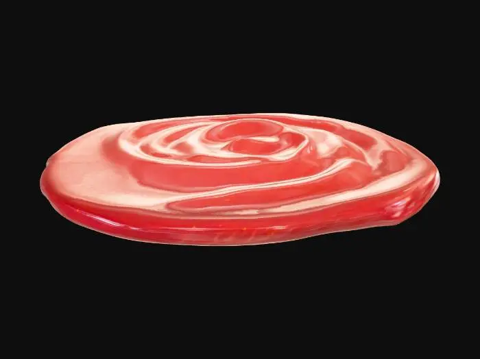 3D model for A glossy, viscous spread of vibrant, deep red ketchup, artfully applied to a curved surface as if on a burger bun. The consistency appears thick and smooth, with subtle, organic undulations and a slightly irregular, scalloped edge where the spread concludes. Its surface gleams with a wet, sticky sheen, suggesting a dense, yielding texture that would adhere firmly. The uniform color is rich and opaque.