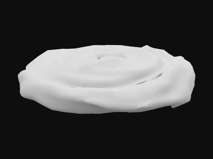 3D model for A creamy spread of guacamole, forming a gently mounded, roughly circular shape, designed to fit a burger patty. Its vibrant green hue is speckled with darker flecks of avocado, cilantro, and possibly red onion or jalapeño, hinting at a fine, slightly chunky texture. The surface appears smooth and lustrous in some areas, with subtle ridges and depressions suggesting a soft, yielding consistency, ideal for a dollop.