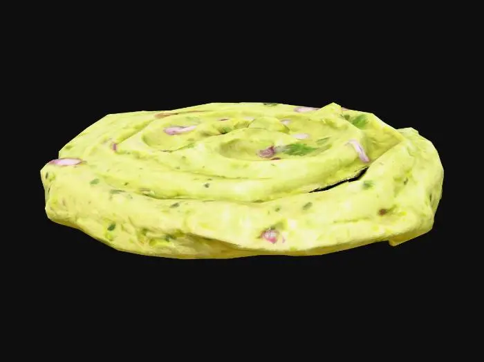 3D model for A creamy spread of guacamole, forming a gently mounded, roughly circular shape, designed to fit a burger patty. Its vibrant green hue is speckled with darker flecks of avocado, cilantro, and possibly red onion or jalapeño, hinting at a fine, slightly chunky texture. The surface appears smooth and lustrous in some areas, with subtle ridges and depressions suggesting a soft, yielding consistency, ideal for a dollop.