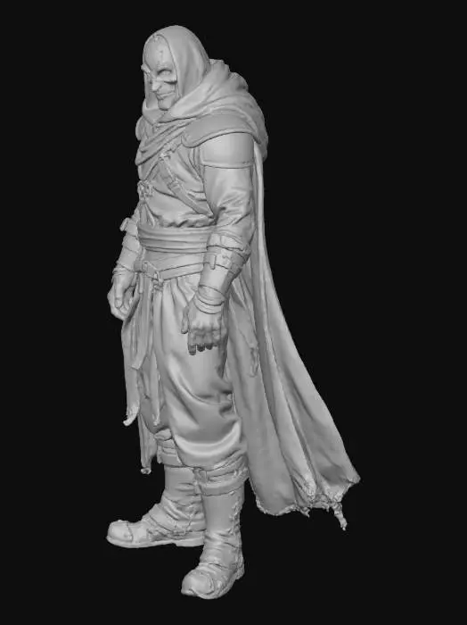 3D model for A Dungeons & Dragons miniature of a grimdark ivory white mask demon hunter and spellcaster. The figure stands in a coiled, ready stance, its bare hands emanating a faint, ominous arcane energy. It is clad in tattered, dark grey robes that blend into the shadows, with only hints of reinforced leather straps visible. The chipped and stained ivory mask remains, a silent, unsettling focal point. The bare, calloused hands are subtly gnarled, conveying both a history of physical struggle and the raw power of its magic.