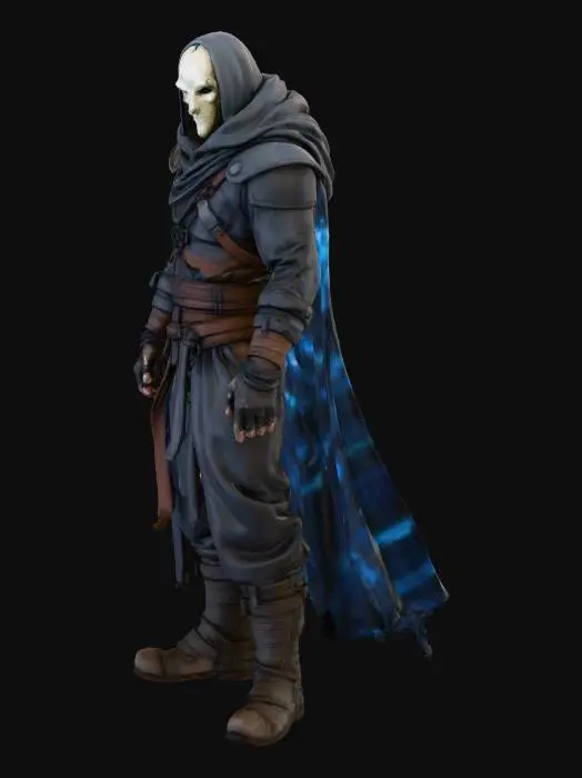 3D model for A Dungeons & Dragons miniature of a grimdark ivory white mask demon hunter and spellcaster. The figure stands in a coiled, ready stance, its bare hands emanating a faint, ominous arcane energy. It is clad in tattered, dark grey robes that blend into the shadows, with only hints of reinforced leather straps visible. The chipped and stained ivory mask remains, a silent, unsettling focal point. The bare, calloused hands are subtly gnarled, conveying both a history of physical struggle and the raw power of its magic.