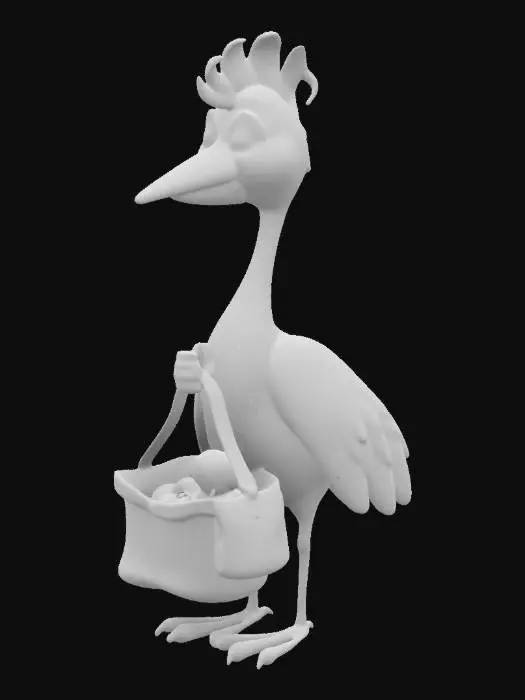 3D model for Ein Storch im Comiclook mit einem Sack im Maul in dem sich ein Menschenbaby befindet