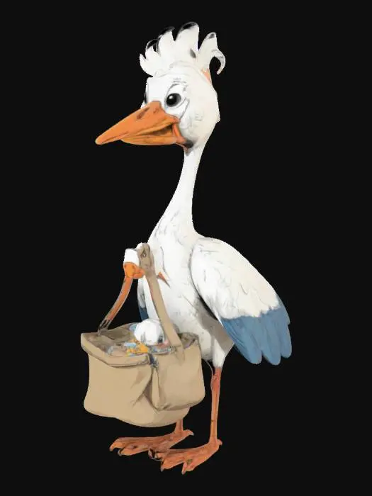 3D model for Ein Storch im Comiclook mit einem Sack im Maul in dem sich ein Menschenbaby befindet