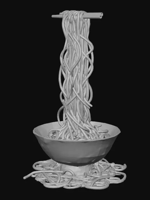 3D model for 巨型瓷碗里倾泻出超长的黄色面条（类似竹升面质感），碗身有蓝白花纹