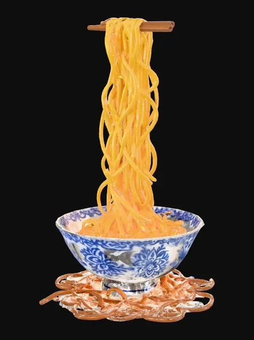 3D model for 巨型瓷碗里倾泻出超长的黄色面条（类似竹升面质感），碗身有蓝白花纹